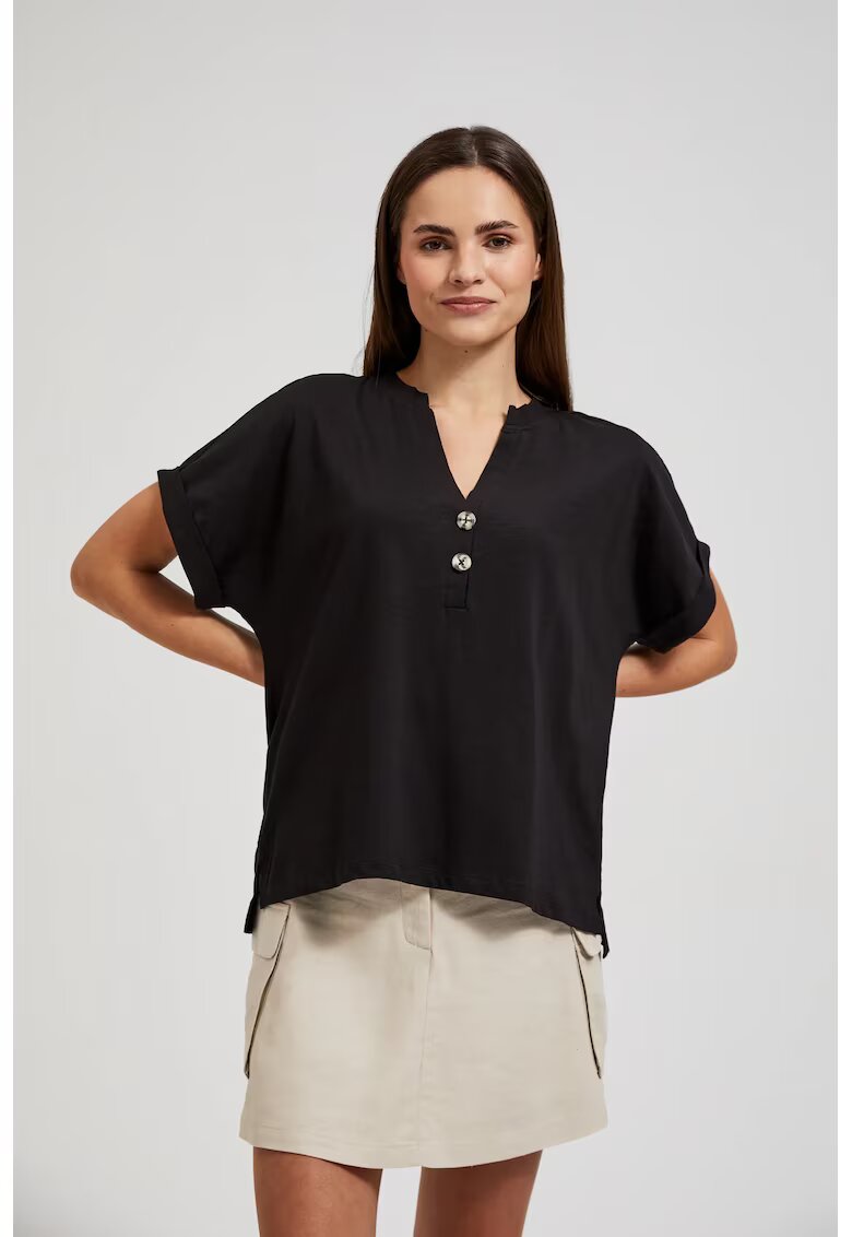 MOODO Bluza din bumbac neagra cu nasturi XS