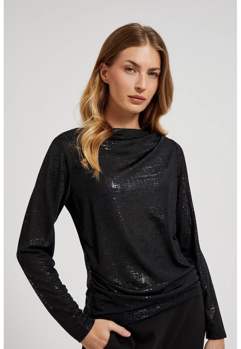 MOODO Bluza neagra cu decolteu plisat si maneci lungi - Negru