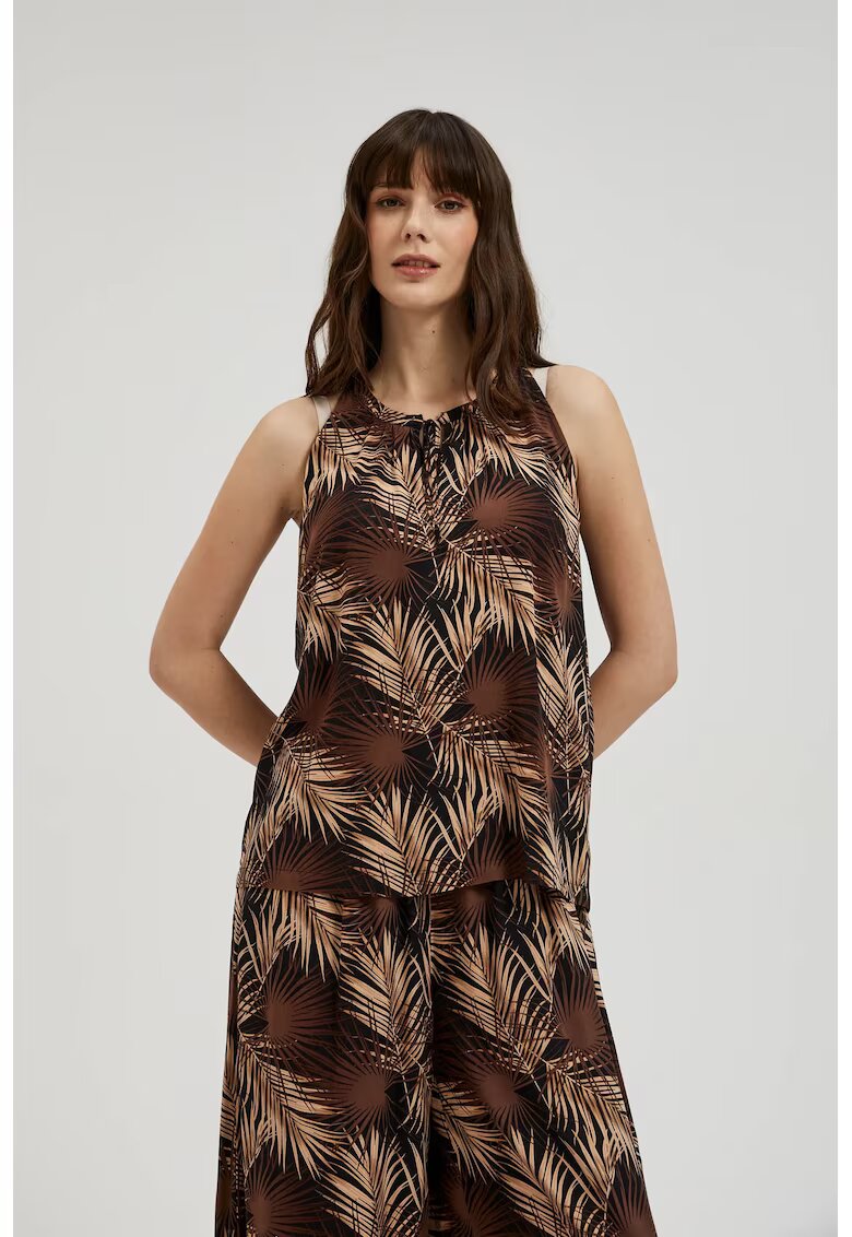 MOODO Camasa neagra cu imprimeu tropical si decolteu legat - Negru