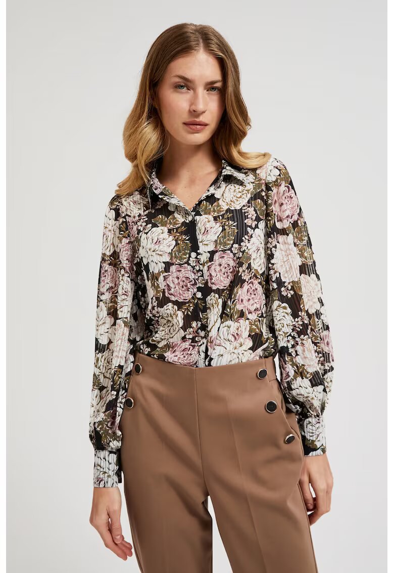 MOODO Camasa plisata cu model floral si maneci bufante - neagra - Negru
