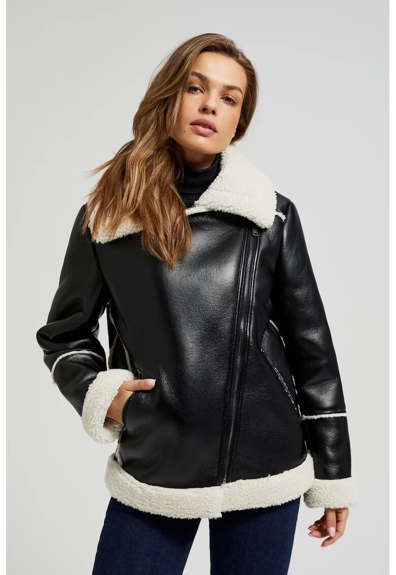 MOODO Jacheta neagra cu guler de blana - Negru