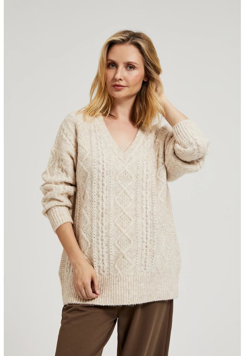MOODO Pulover bej cu decolte in V din tricot - Bej