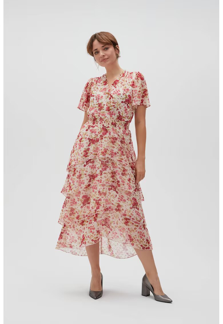 MOODO Rochie - alb - XS - floral - asimetric - maneca scurta