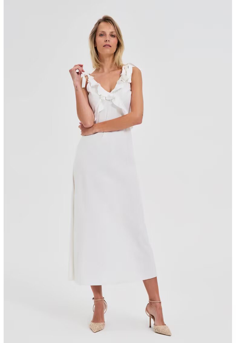 MOODO Rochie alba midi cu volanas la decolteu - Alb