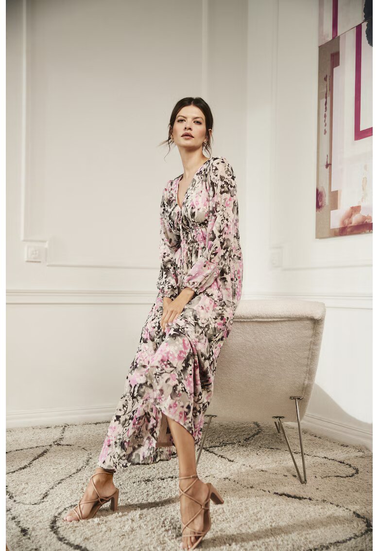 MOODO Rochie maxi gri cu model floral - Bej