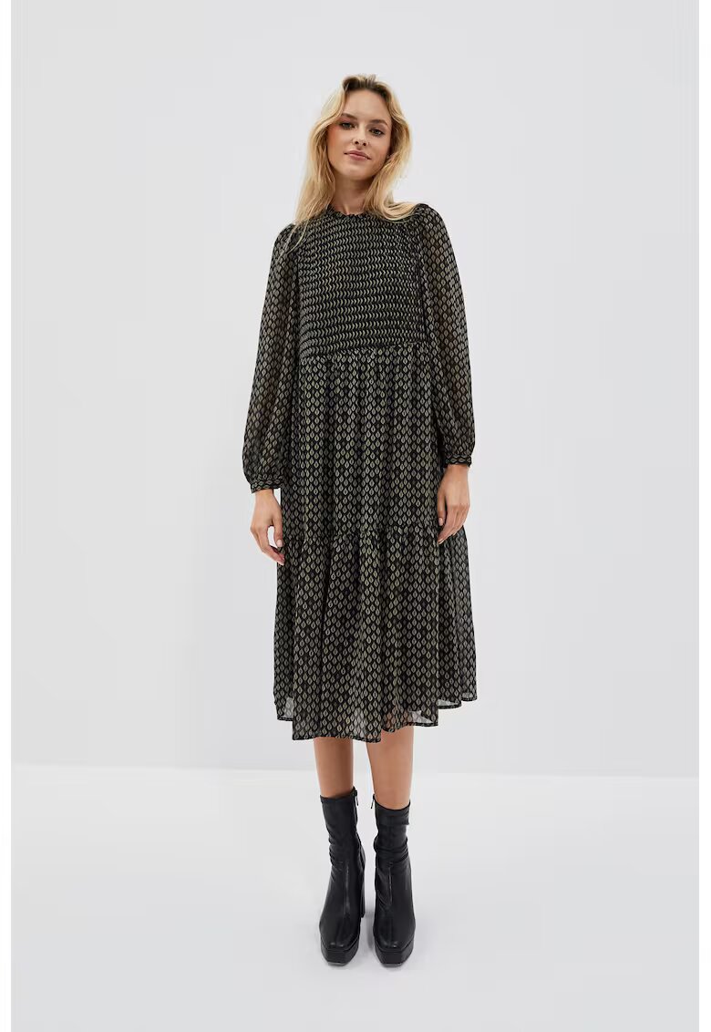 MOODO Rochie midi neagra cu imprimeu si volane - Negru
