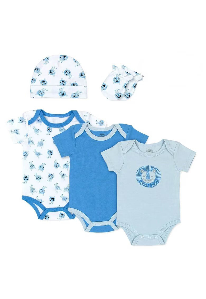 Mothers Choice Set pentru bebelusi - 5 piese din bumbac - model monstruleti - - Alb/Albastru deschis