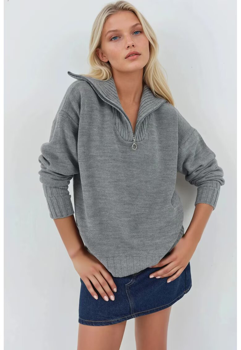 MyFashion Pulover dama - tricotat - supradimensionat - gri - cu guler cu fermoar - One Size