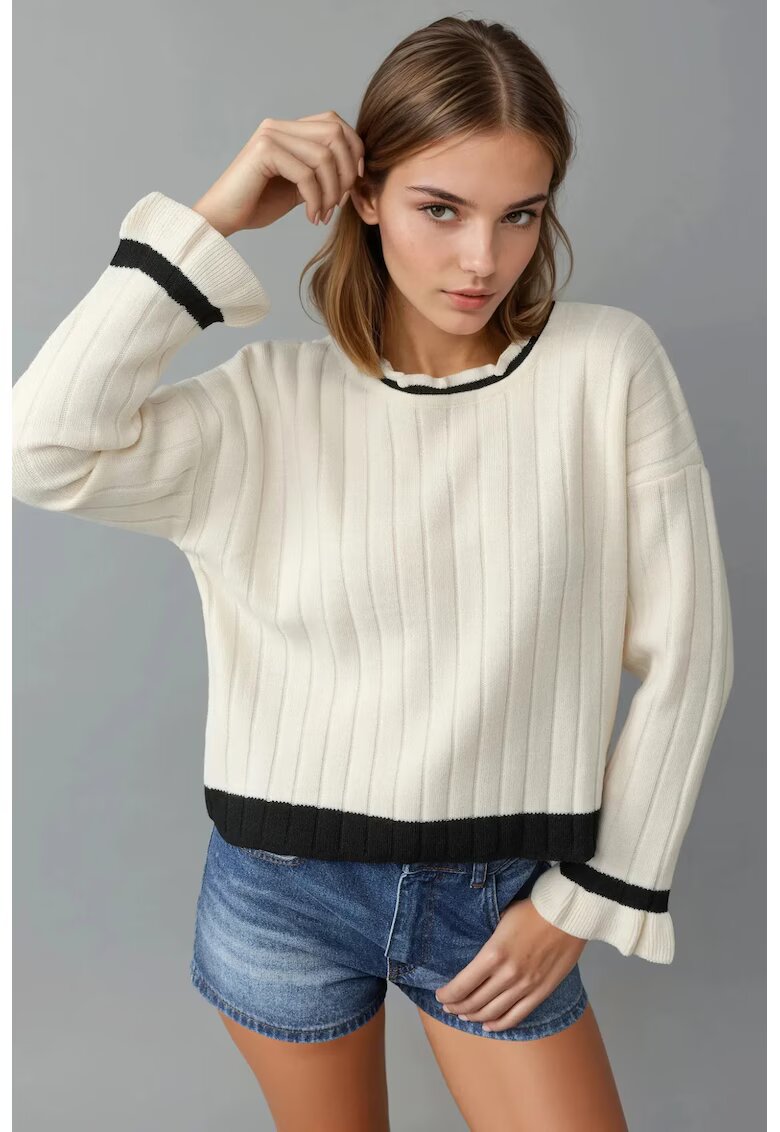 MyFashion Pulover tricotat - dungi - guler rotund - crem - tricot - One Size