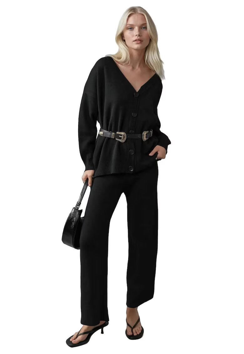 MyFashion Set tricotat cardigan cu decolteu in V si pantaloni cu picior larg - negru - tricot -