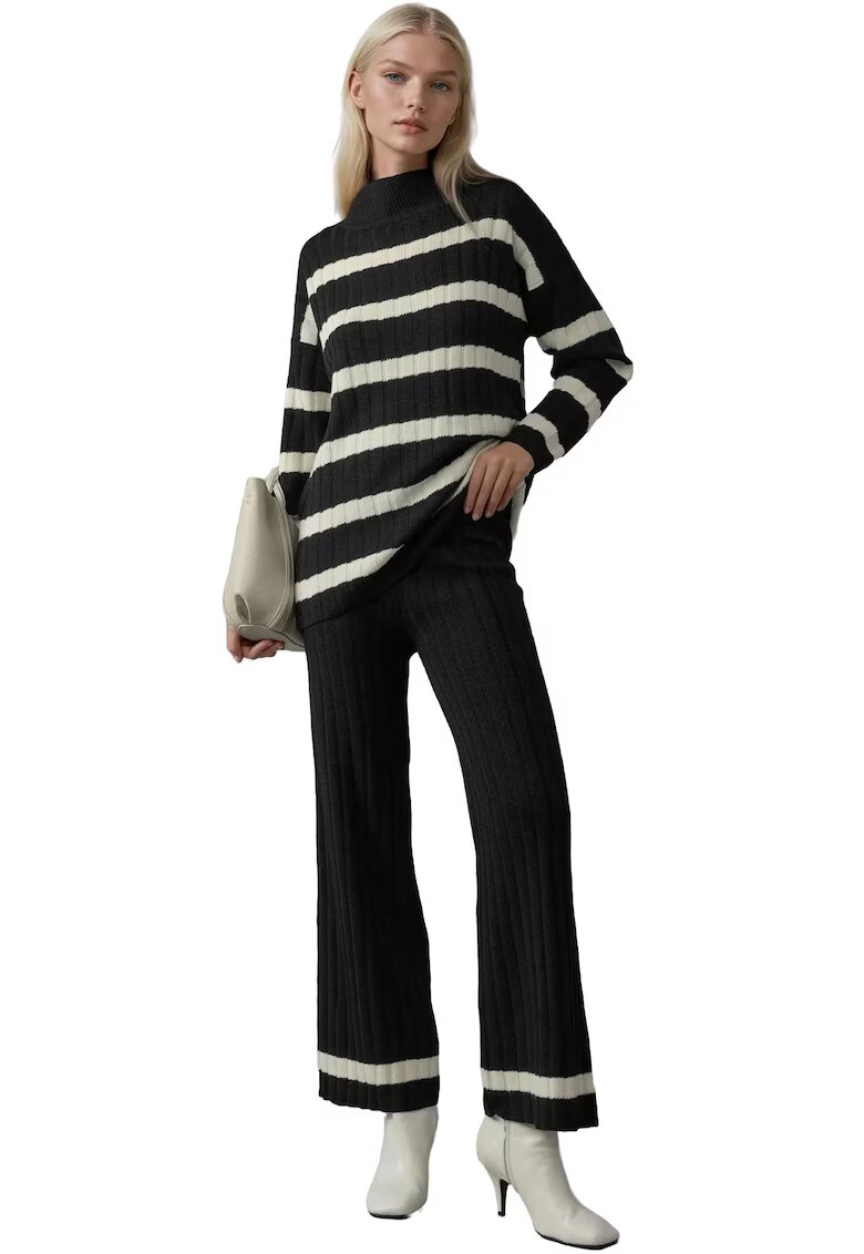 MyFashion Set tricotat Pulover si Pantaloni cu dungi - Negru/Alb - Tricot -