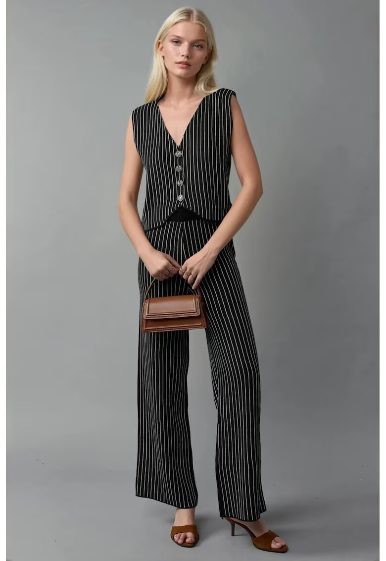 MyFashion Set tricotat vesta cu decolteu in V si pantaloni largi - negru - tricot - dungi -