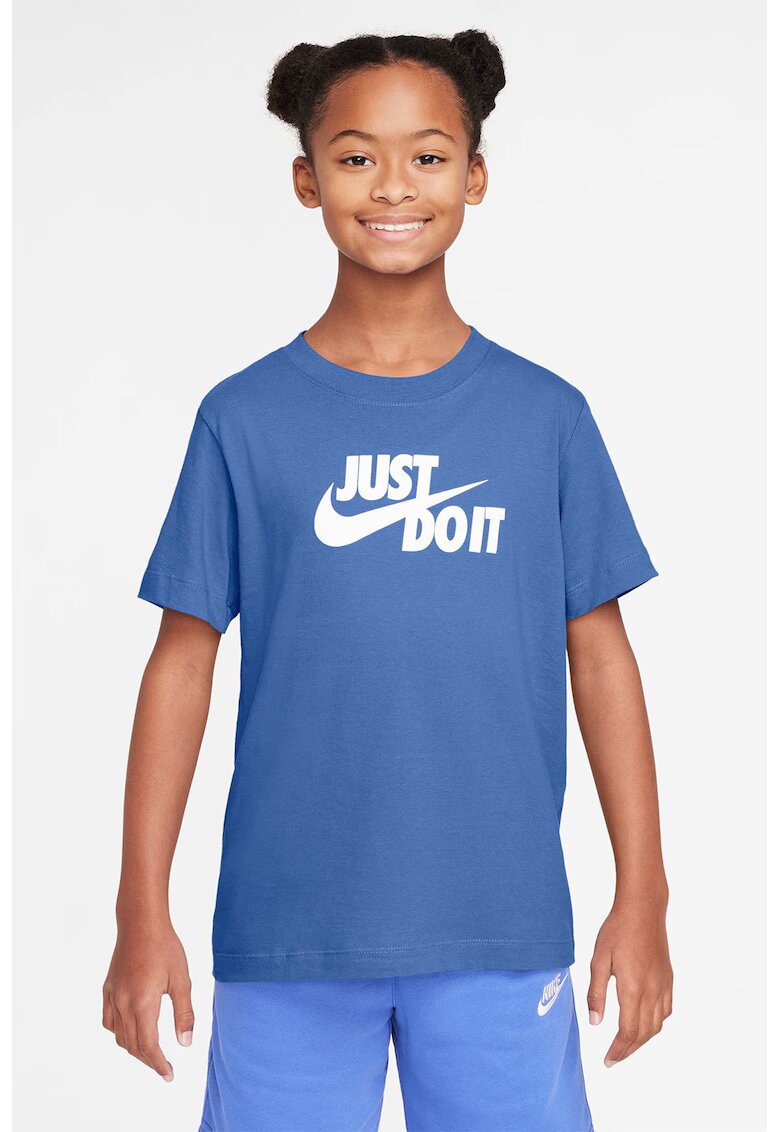 Nike Tricou din bumbac cu decolteu la baza gatului - Alb/Albastru petrol