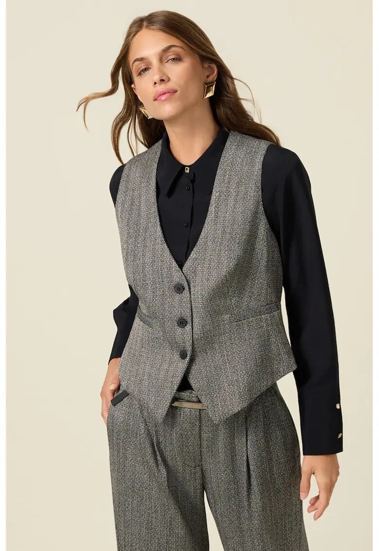 Oltre Vesta cu decolteu in V si model herringbone - Negru/Alb murdar