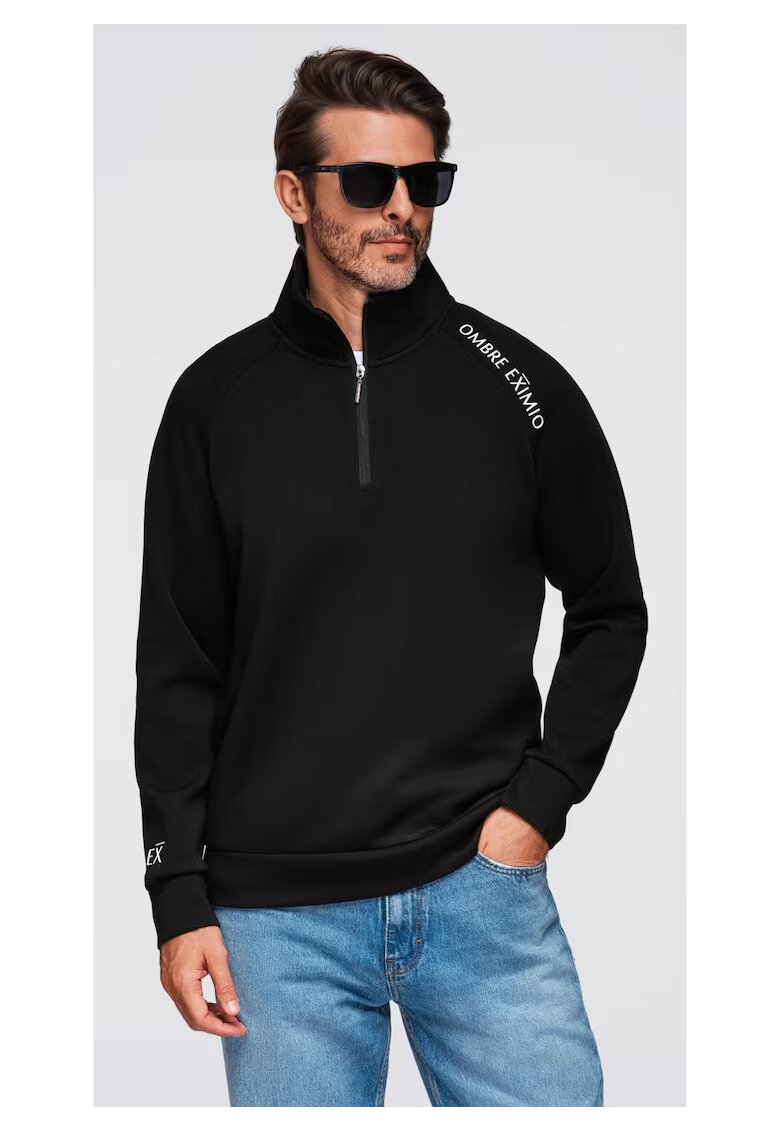 OMBRE Bluza cu guler inalt cu fermoar si imprimeu contrastant OM-SSZP-0211 - Negru