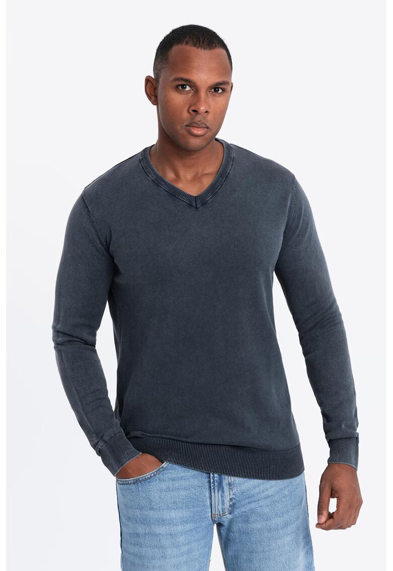 OMBRE Bluza de trening cu decolteu in V si model uni - Bleumarin