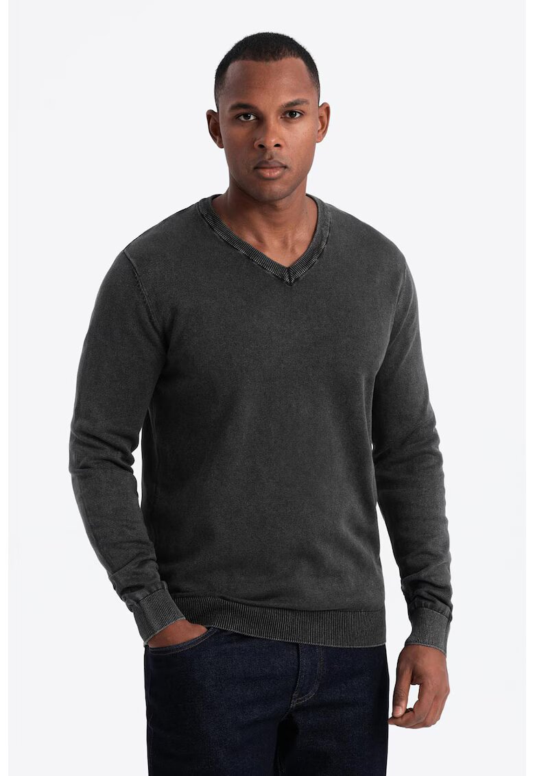 OMBRE Bluza de trening cu decolteu in V si model uni - Negru stins