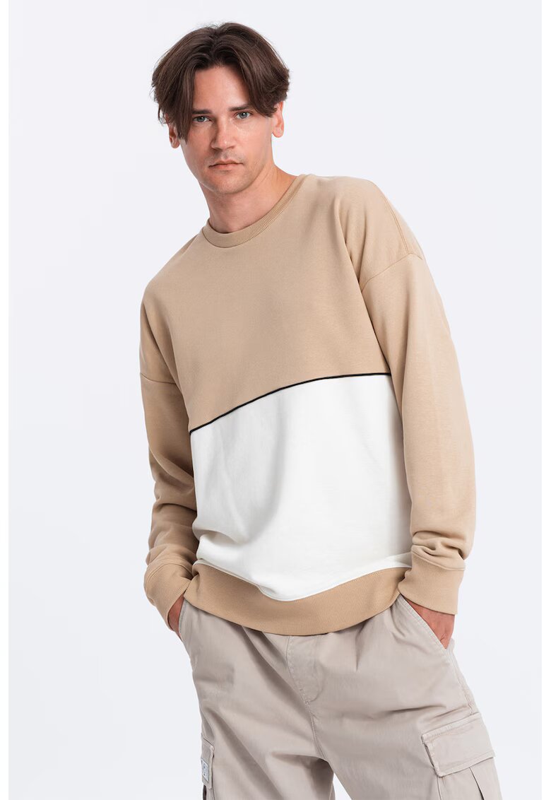OMBRE Bluza de trening cu decolteu la baza gatului si model colorblock - Alb/Bej