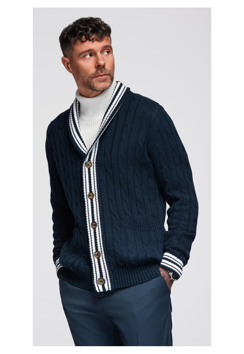 OMBRE Cardigan cu nasturi si model torsade - Albastru inchis