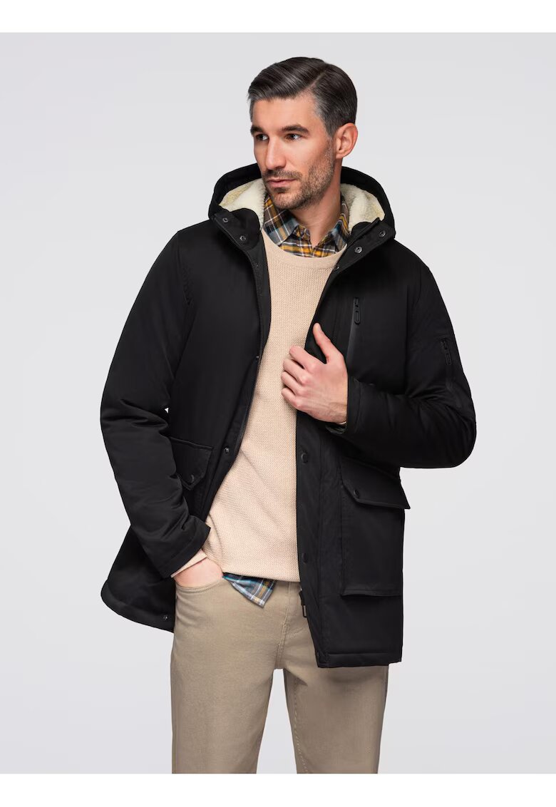 OMBRE Geaca lunga tip parka in stil sherpa OM-JAPJ-0316 - Negru