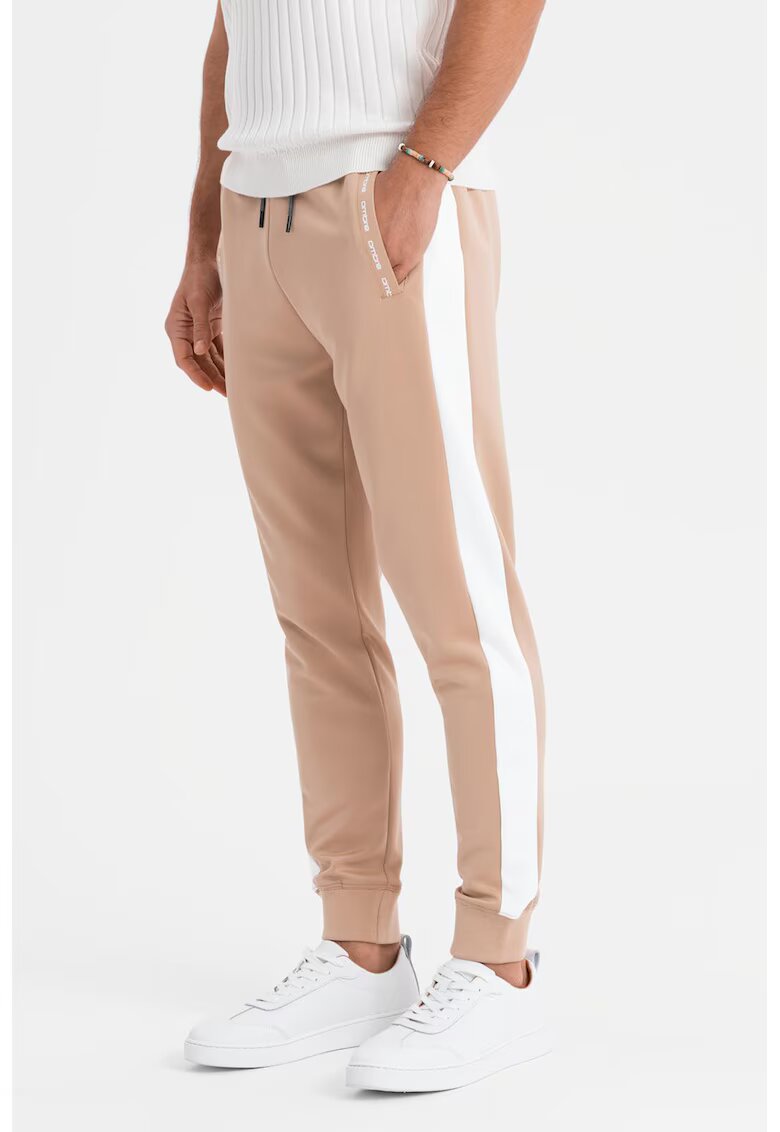 OMBRE Pantaloni de trening cu segmente laterale contrastante - Alb/Bej