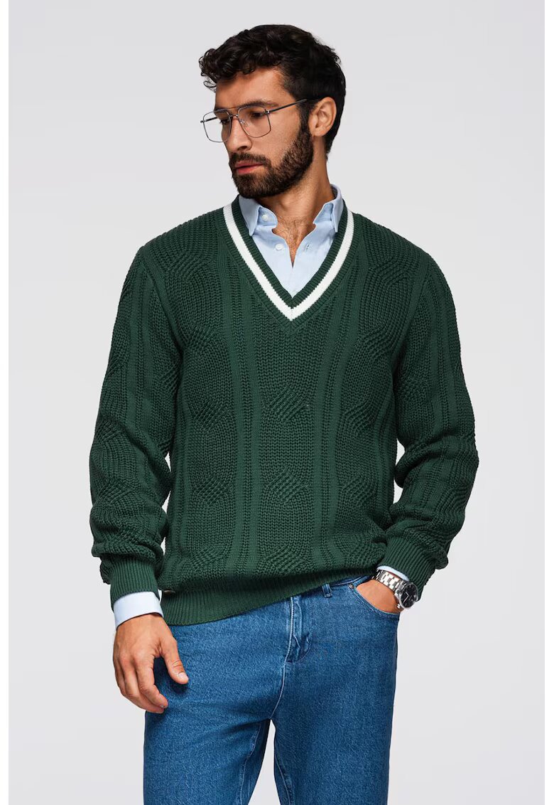 OMBRE Pulover cu decolteu in V si model torsade - Alb/Verde