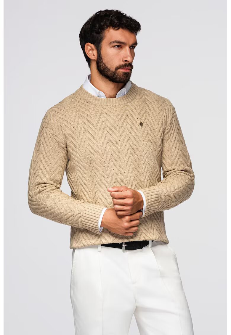 OMBRE Pulover cu decolteu la baza gatului si model herringbone - Maro nisip