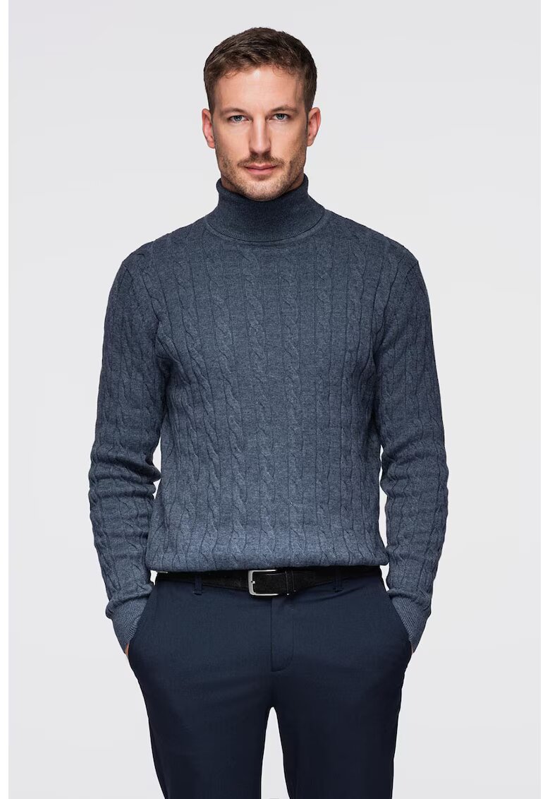 OMBRE Pulover slim fit cu guler inalt si model torsade - Albastru ultramarin