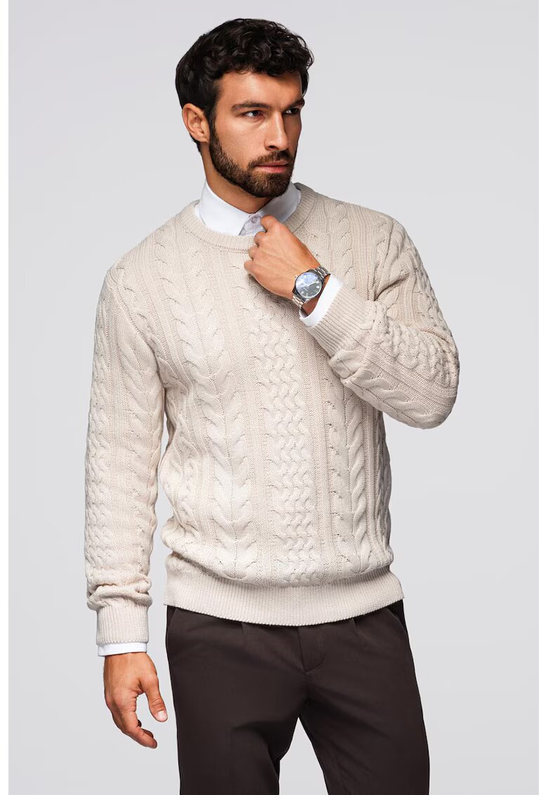 OMBRE Pulover texturat cu decolteu rotund - Alb fildes