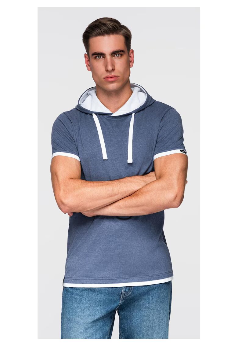OMBRE Tricou cu gluga din bumbac OM-TSCT-0256 - Albastru inchis