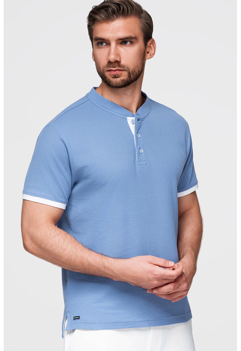 OMBRE Tricou de bumbac cu fenta cu nasturi - Albastru pastel