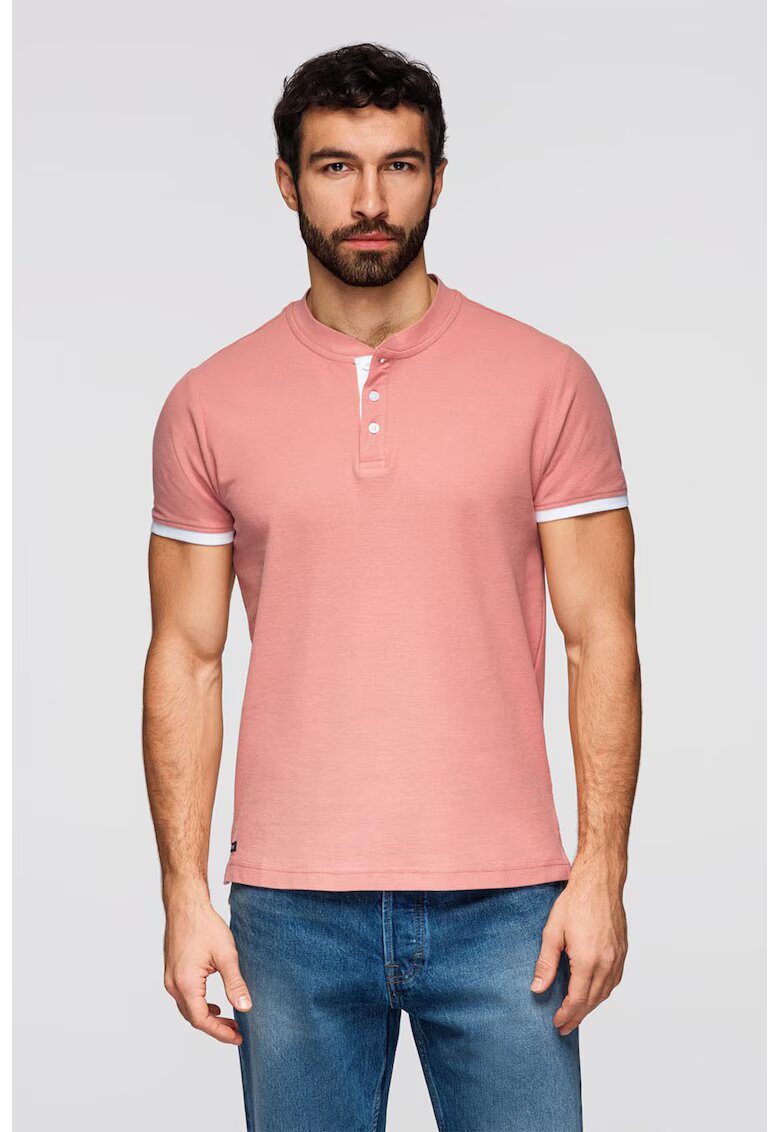 OMBRE Tricou de bumbac cu fenta cu nasturi - Roz somon