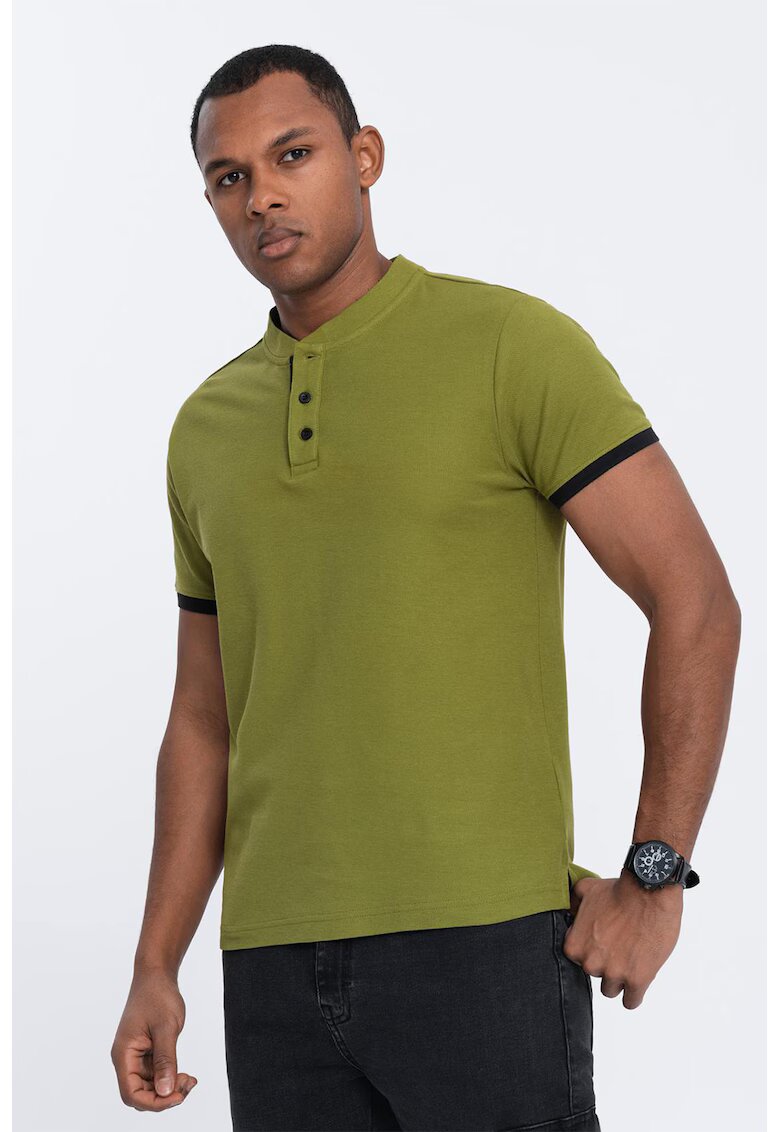 OMBRE Tricou de bumbac cu fenta cu nasturi - Verde masliniu