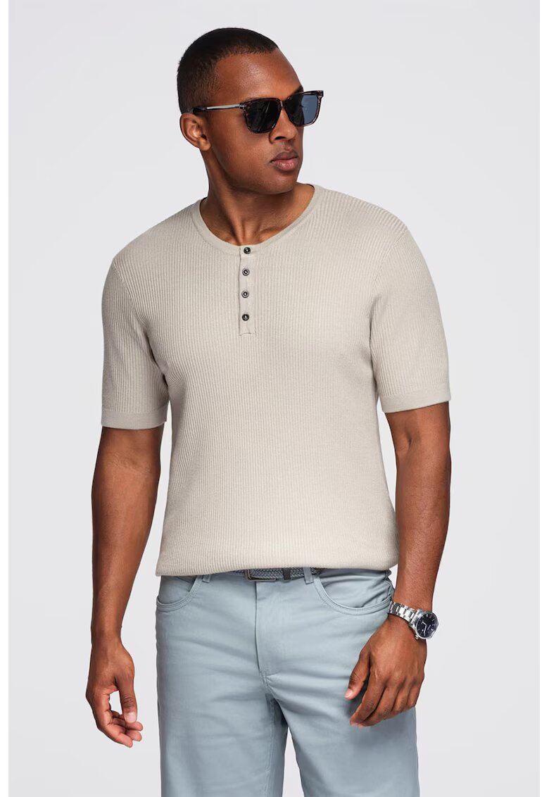 OMBRE Tricou slim fit cu striatii si decolteu henley