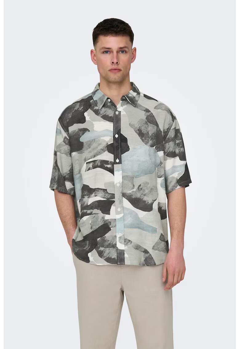 Only & Sons Camasa cu model camuflaj din amestec de in - Negru/Gri