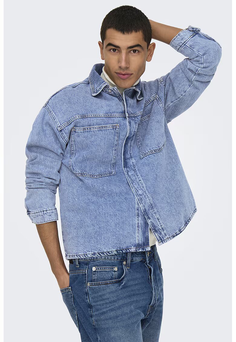 Only & Sons Jacheta de denim cu buzunare pe piept - Albastru melange