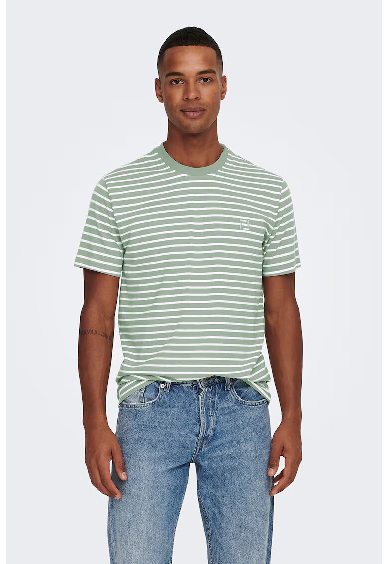 Only & Sons Tricou in dungi cu decolteu la baza gatului - Alb/Verde