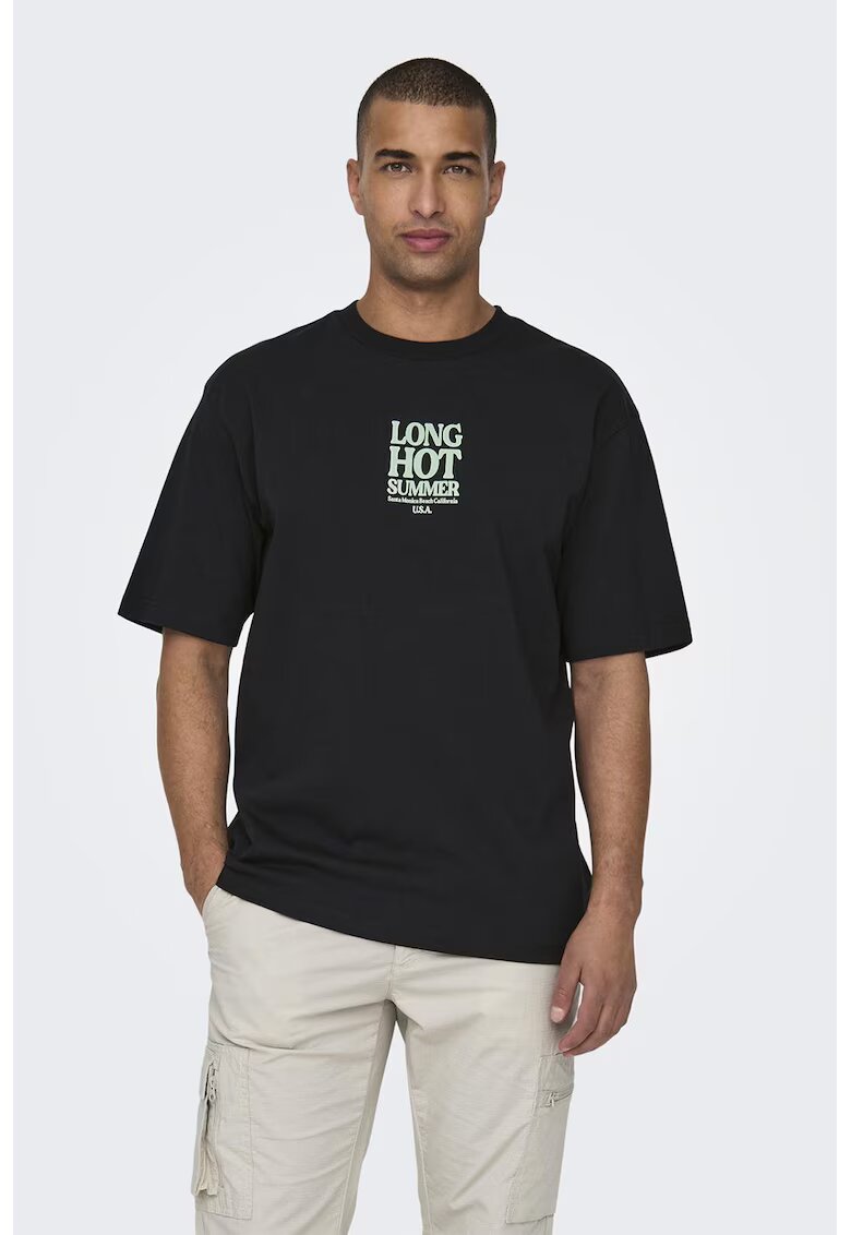Only & Sons Tricou relaxed fit cu imprimeu text - Negru/Verde lime