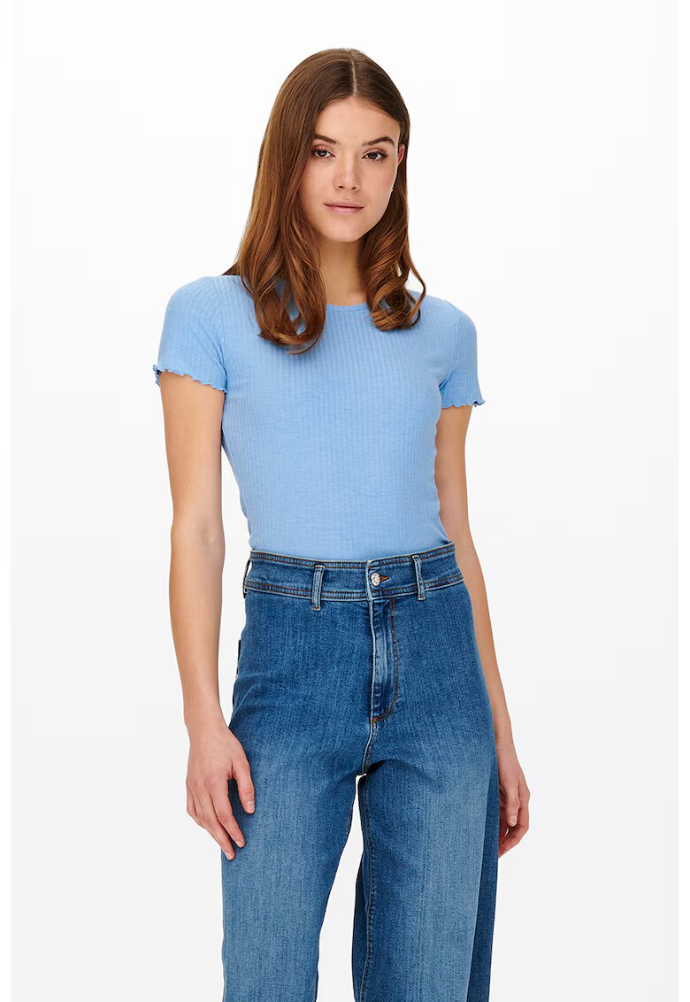 Only Tricou crop cu croiala slim-fit si aspect striat - Albastru deschis