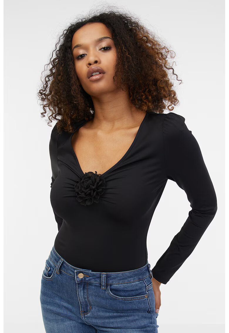 orsay Bluza cu decolteu in V si aplicatie florala - Negru stins