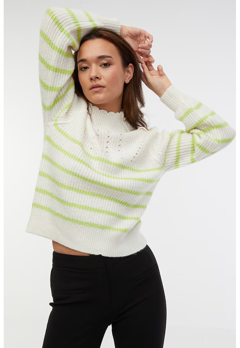 orsay Pulover cu model in dungi si guler mediu - Alb/Verde lime