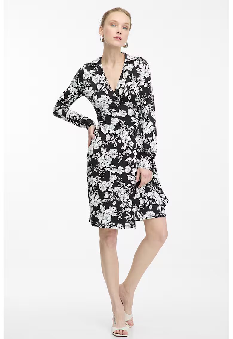 orsay Rochie midi cu model petrecut - decolteu in V si model floral - Alb/Negru