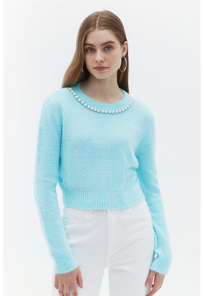 OXXO Pulover crop cu perle sintetice - Albastru glaciar