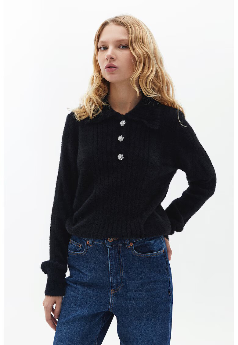 OXXO Pulover polo cu nasturi florali - Negru