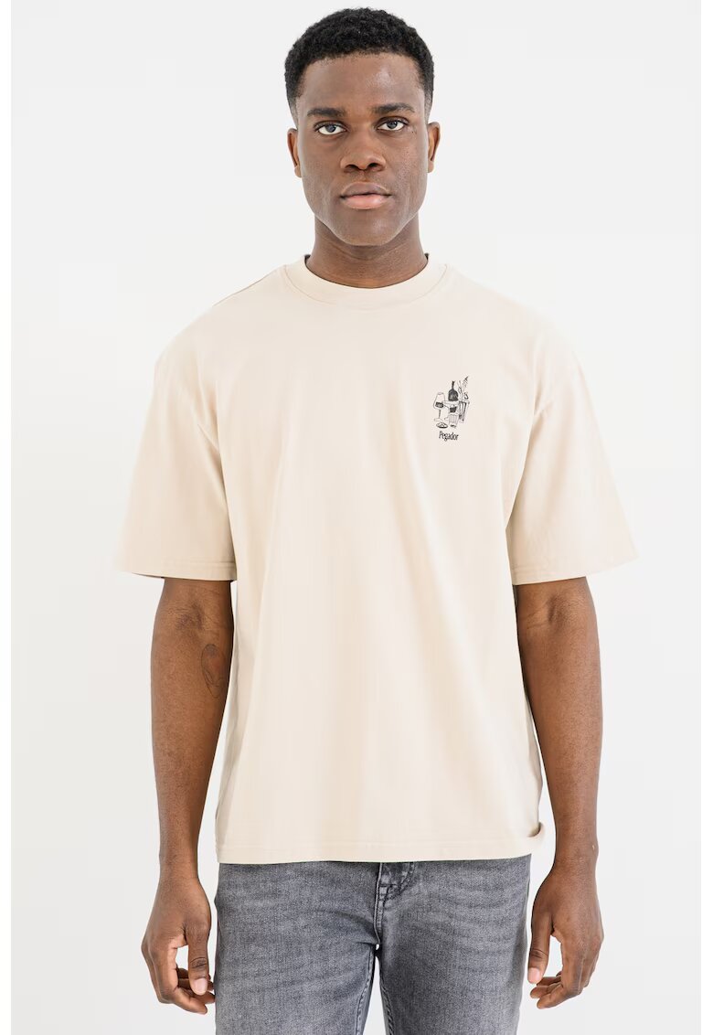 Pegador Tricou cu imprimeu si decolteu la baza gatului - Crem