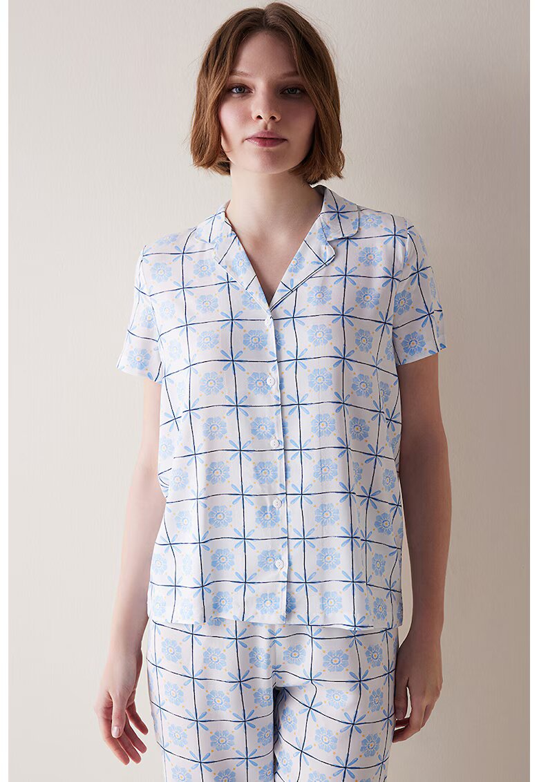 Penti Bluza de pijama cu nasturi si imprimeu - Alb/Albastru