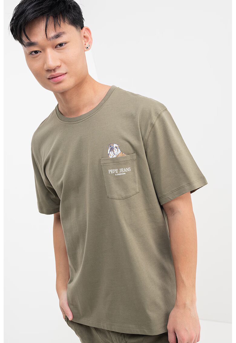 Pepe Jeans London Tricou cu decolteu la baza gatului si buzunar pe piept - Verde feriga