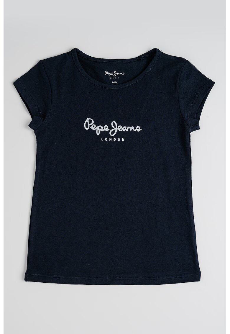 Pepe Jeans London Tricou cu decolteu la baza gatului si logo stralucitor - Albastru ultramarin