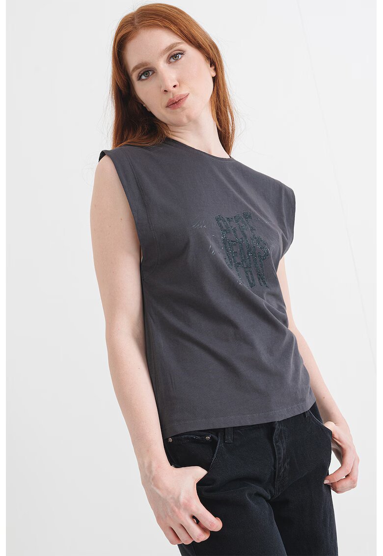 Pepe Jeans London Tricou cu logo din strasuri Beria - Gri inchis