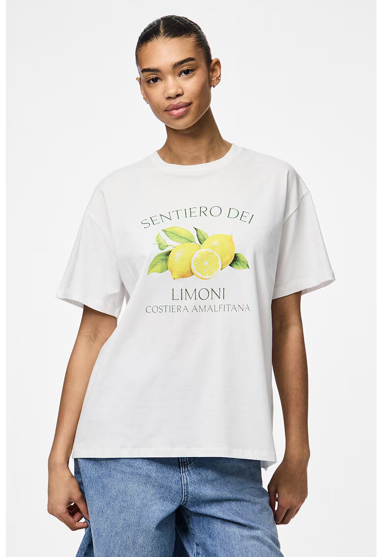 Pieces Tricou din bumbac organic cu imprimeu fructe - Alb/Verde/Galben